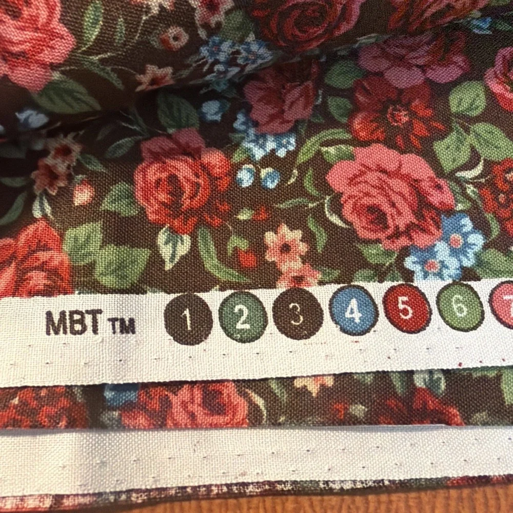 Vtg Red Pink Roses On Brown With Blue Flowers 1.5 Yards By MBT